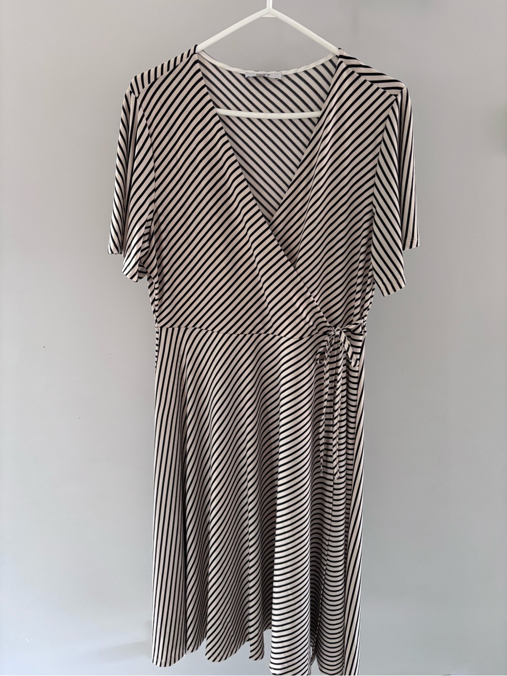 Suzy Shier Black and White Diagonal Stripe faux Wrap Dress